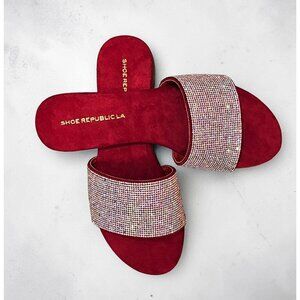 Womens Wine Rhinestone Flat Slide Sandals